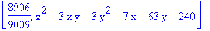 [8906/9009, x^2-3*x*y-3*y^2+7*x+63*y-240]